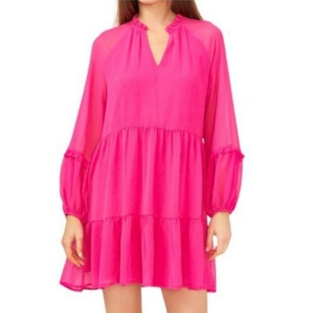 Vince Camuto Hot Pink Long Sleeve Tiered Mini Dress